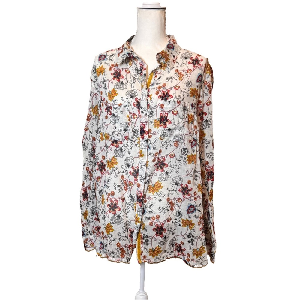 Boho Jane Shirt Top Size L‎ Floral Button Front Peace Sign Bee Patch Boho Hippie